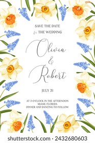Spring floral frame with narcissus and blue hyacinth flowers. Wedding invitations, postcards, banner. Vector illustration on a white background.