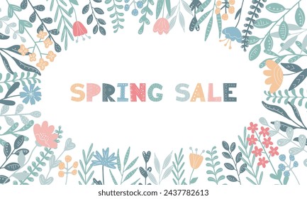 Spring Floral Frame. Natural Floral border in Scandinavian style. Spring Sale seasonal Background. Frame Template for Banner Poster Discount Offer promotion Designs
