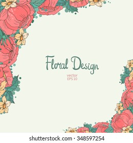 Spring floral frame. Pink Hand Drawn Peonies Border On Light Green Background With Place For text. Good For Web, Invitations, Greeting and Save The Date Cards.