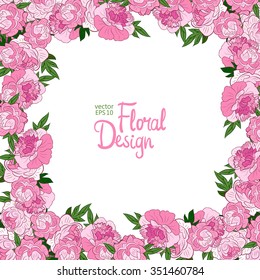 Spring floral frame. Pink  Peonies On White Background With Place For text. Good For Web, Invitations, Greeting and Save The Date Cards.