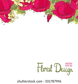 Spring floral frame. Red Hand Drawn Peonies Border On White Background With Place For text. Good For Web, Invitations, Greeting and Save The Date Cards.