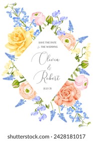 Marco floral de primavera con flor de rosa, ranúnculo, delfinio, jacinto y guisante dulce. Invitación de boda, tarjeta de felicitación, banner. Ilustración vectorial de stock sobre fondo blanco.