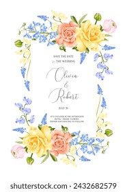 Frühlingsblumenrahmen mit Rosenblume, Ranunkel, Delphinium, Hyazinthe und Süßerbse. Hochzeitseinladung, Grußkarte, Banner. Stock Vektor-Illustration auf einem weißen Hintergrund.