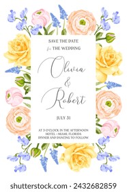 Spring floral frame with rose flower, ranunculus, hyacinth and sweet pea. Wedding invitation, greeting card, banner. Stock vector illustration on a white background.