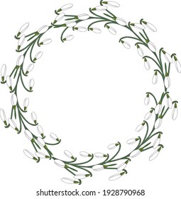 El marco floral de primavera gotas de nieve vectorial. Flores de primavera nevadas blancas en forma de borde redondo para crear delicadas tarjetas de felicitación, invitaciones de boda, tarjetas de San Valentín, etc. 