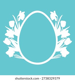 Spring floral frame with tulips and daffodil flowers. Decorative floral Easter egg, laser cut template, stencil. Easter greeting card, festive decorations design element, vector illustration.