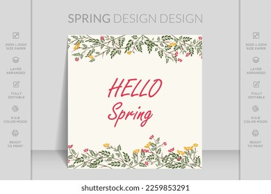 Marco floral de primavera. Ilustración vectorial para etiquetas, invitación de boda. Concepto de adorno de primavera. Ilustración dibujada a mano. Diseño de vectores tarjeta de bienvenida decorativa o fondo de diseño de invitación.