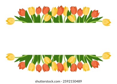 Spring floral frame with yellow and orange tulips, creating a decorative border with empty space for text, perfect for invitations, greeting cards, or seasonal designs. Vector template for greeting