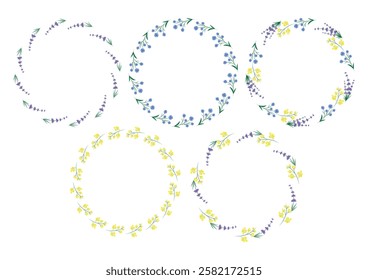 Spring floral frames. Flower design template. Romantic gentle wedding celebration banner. Plant decorative botanical border. Vegetation decor. Elegant summer floral wreath. Vector illustration.