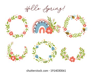 Spring floral frames or wreathes and rainbow clipart set - baby cartoon rainbow, flowers isolated on white background, cute nursery decorative design elements, vector kids illustration