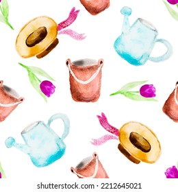 Spring floral, gardening tools seamless pattern with flowers. Bright colors, tulip painting on a white background