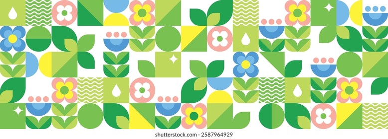 Spring floral geometric background.Abstract nature.Leaves and flowers.Set of icons in flat style.Seamless pattern.Bauhaus design.Organic, eco, bio.Vector botanical illustration. 