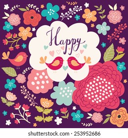 Spring floral greeting card with birds. Vector illustration in bright spring color.