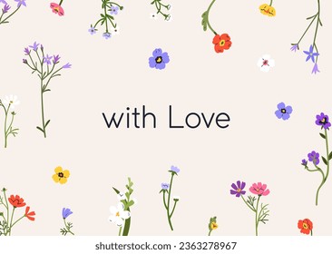 Spring floral greeting card with Love. Flowers, botanical romantic postcard background template, design with field blooms, wildflowers, gentle plants stems, branches. Flat vector illustration