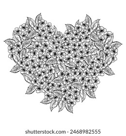 Spring floral heart wreath with hydrangea flower. Line art little flower with leaves for card or invite.
