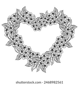Spring floral heart wreath with hydrangea flower. Line art little flower with leaves for card or invite.