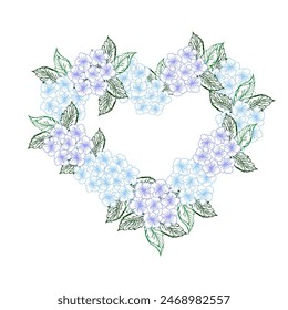 Spring floral hearts wreath with hydrangea flower. Blue little flower with green leaves for card or invite