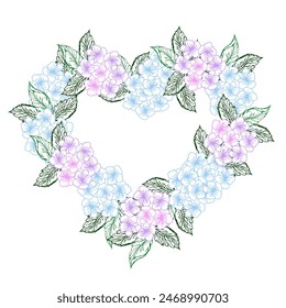 Spring floral hearts wreath with hydrangea flower. Violet and blue little flower with green leaves for card or invite