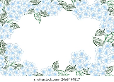 Spring floral horizontal banner with blue hydrangea flower. Line art little flower with leaves for card or invite, coloring page