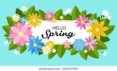 Spring floral horizontal banner template with flowers and leaves. Seasonal spring background for invitations, sale, flyers and other design.