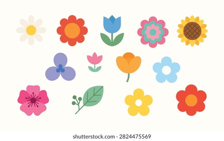 Spring floral icon set featuring colorful flat style flower illustrations botanical illustration colorful sunflower blooming collection seasonal decorative plantlife elements background