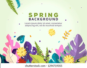 Spring floral illustration banner. template International Women's day background. 8 March. Happy Women's Day card. Spring flowers, fantasy forest and exotic leaves.