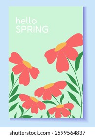 Spring Floral Illustration Blossom Bloom Pink Flowers ,Green Leaves. Hello Spring vector Greeting Card with "Hello Spring" Typography. Fresh Botanical Artwork for Invitations, Posters, and Backgrounds