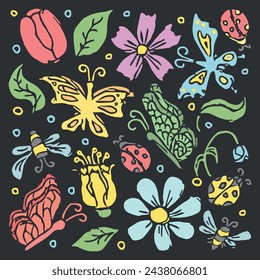 Spring floral illustration with butterflies, bees and ladybugs. Doodle flowers background