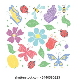 Spring floral illustration with flowers, butterflies, bees and ladybugs. Doodle flowers background