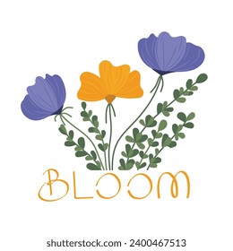 Spring floral illustration with hand drawn lettering on isolated background. Cute purple and orange flowers, green leaves. For invitations, prints.