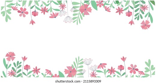 Spring floral illustration. pink flowers and leaves decorative graphic for spring, seasonal background. Vector illustration.