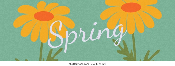 Spring floral illustration with yellow daisies and elegant typography on a green background. Minimalist abstract nature art shapes collection. Pastel color design