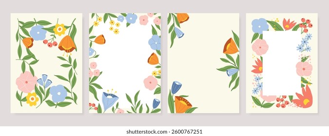Spring Floral invitation card background vector. Minimal hand drawn botanical flowers template background. Design illustration for wedding, vip cover, poster, rsvp modern card, birthday party.