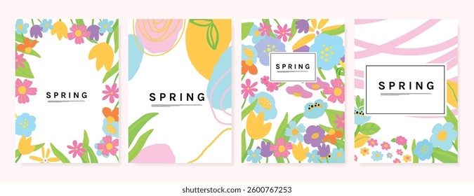 Spring Floral invitation card background vector. Minimal hand drawn botanical flowers template background. Design illustration for wedding, vip cover, poster, rsvp modern card, birthday party.