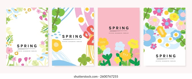 Spring Floral invitation card background vector. Minimal hand drawn botanical flowers template background. Design illustration for wedding, vip cover, poster, rsvp modern card, birthday party.