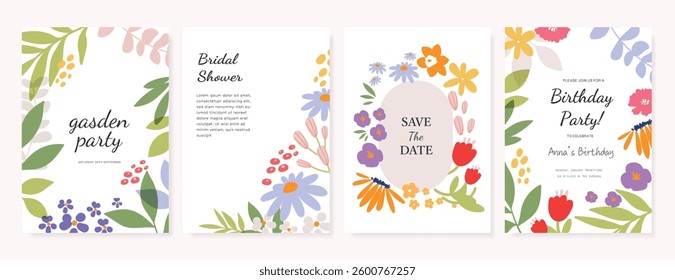 Spring Floral invitation card background vector. Minimal hand drawn botanical flowers template background. Design illustration for wedding, vip cover, poster, rsvp modern card, birthday party.