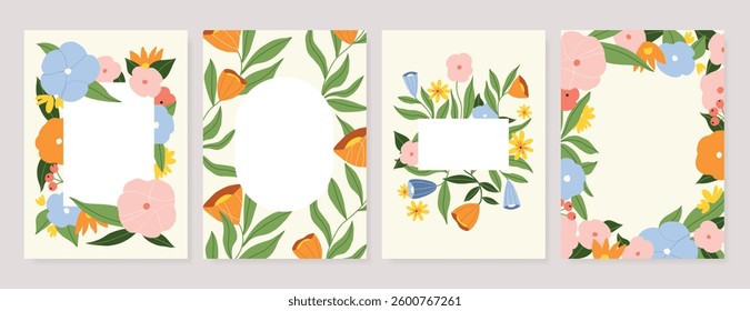 Spring Floral invitation card background vector. Minimal hand drawn botanical flowers template background. Design illustration for wedding, vip cover, poster, rsvp modern card, birthday party.