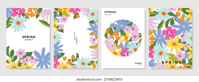 Spring Floral invitation card background vector. Minimal hand drawn botanical flowers template background. Design illustration for wedding, vip cover, poster, rsvp modern card, birthday party.