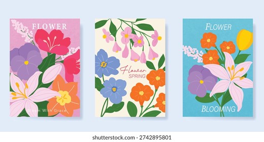 Spring Floral invitation card background vector. Minimal hand drawn botanical flowers template background. Design illustration for wedding, vip cover, poster, rsvp modern card, birthday party.