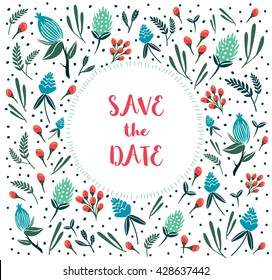 Spring Floral Invitation Template . Abstract Colorful Flower Background. Vector floral pattern in doodle style with flowers and leaves.