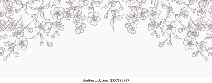 Spring floral line art frame with sakura branches and flowers. Abstract floral border, natural background. Hand drawn vector illustration