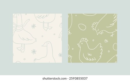 Spring floral line art seamless pattern with cute goose and chicken. Happy Easter wrapping paper in cottagecore style, vector background set, pastel colors