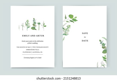 Spring floral minimalist wedding invite, save the date card design. Watercolor style white lilac flower, ranunculus bud, rose, eucalyptus branches, leaves, herbs vector illustration. Editable template