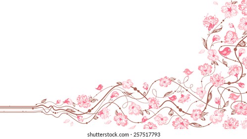 Spring floral ornament. Hand-drawn ornate flowers in bloom on a branch. There is place for your text on white area. 