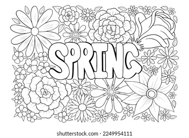 Spring floral pattern antistress coloring book page, vector illustration