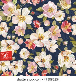 Spring floral pattern with blossom tree branches, Vector seamless background displaying flowers, eps8