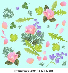 Spring floral pattern with bouquet of roses and bells flowers, petals, leaves of dandelion, clover, viburnum and wormwood. Print for fabric.