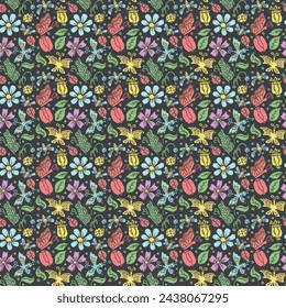 Spring floral pattern with butterflies, bees and ladybugs. Seamless flowers background