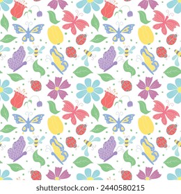 Spring floral pattern with butterflies, bees and ladybugs. Seamless flowers background