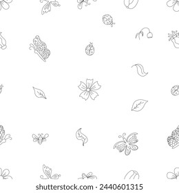 Frühlingsblumenmuster mit Schmetterlingen, Bienen und Marienkäfer. Nahtloser Blumenhintergrund